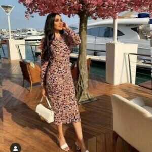 Zara Sz M Pink Floral Ruched Long Sleeve Midi Dress Fairycore Whimsy Coquette